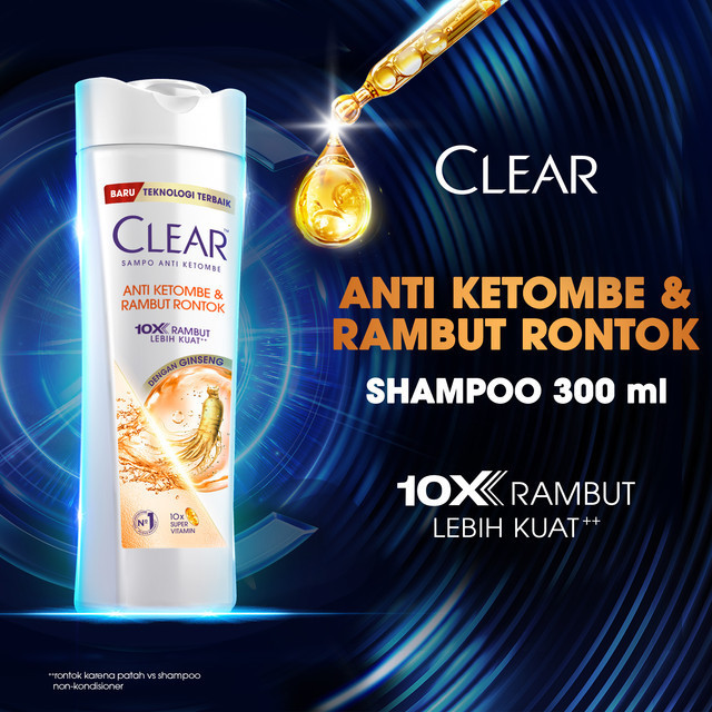CLEAR Shampoo Anti Ketombe & Rambut Rontok, diperkaya dengan Ginseng 10x rambut lebih kuat lawan ron