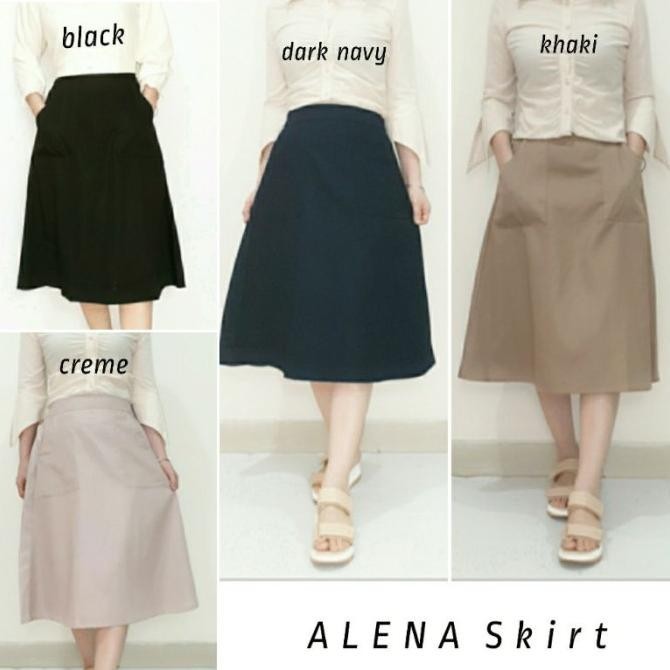 Rok Wanita Midi Skirt Katun Polos Model A Line Panjang 7/8, Alena