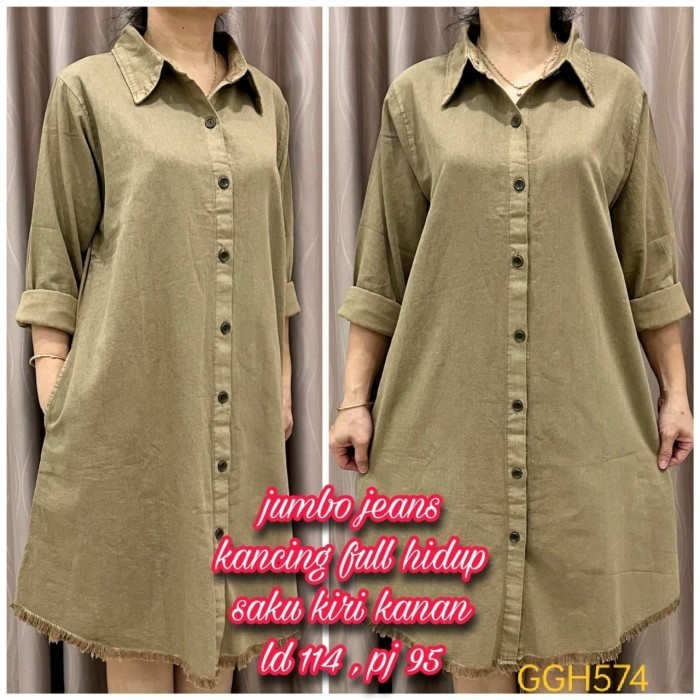 Ggh574 Dress Wanita Jeans Denim Lengan Panjang Brown Jumbo Coklat