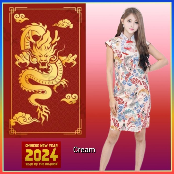 New Baju Adat Imlek Anak Perempuan 10-18thn Dress Cheongsam Remaja Cream
