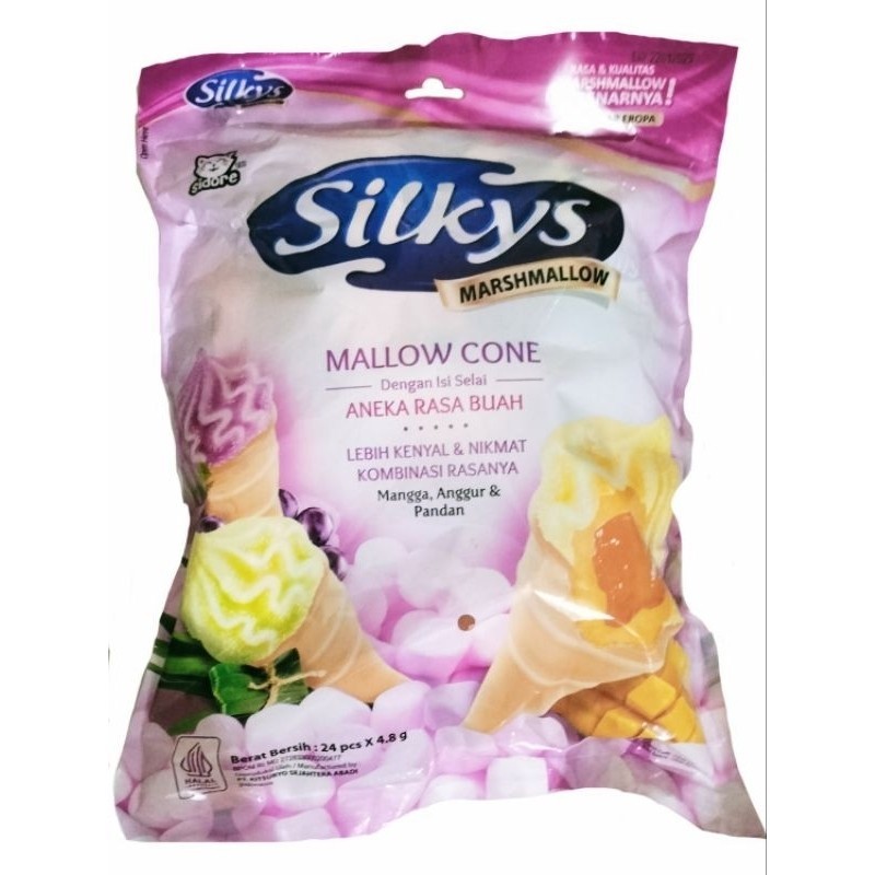 

Silkys Mallow Cone 1 Bugkus Isi 20 Pcs @4,6gr Marshmallow Cone Dengan Isi Selai Aneka Rasa Buah Mangga, Anggur, Pandan