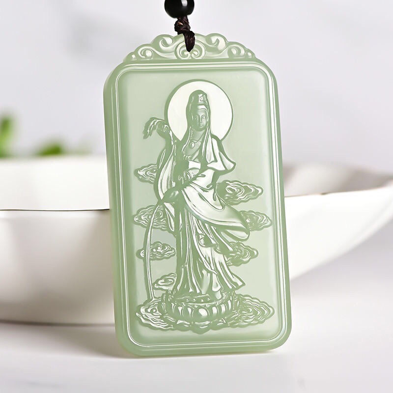 Liontin Giok Bodhisattva Guanyin Giok Abu-abu Giok Hetian Alami