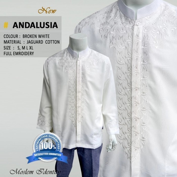 Atasan Pria Muslim Baju Takwa Koko Putih Tulang Tangan Panjang Bordir