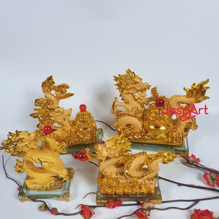 Patung Imlek Shio Naga 2024 Emas Gold Resin Patung Naga Pajangan Imlek