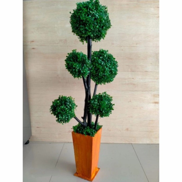 Bonsai Bulat Artificial Bunga Pompom Tanaman Sudut Grasboll Vas Kayu