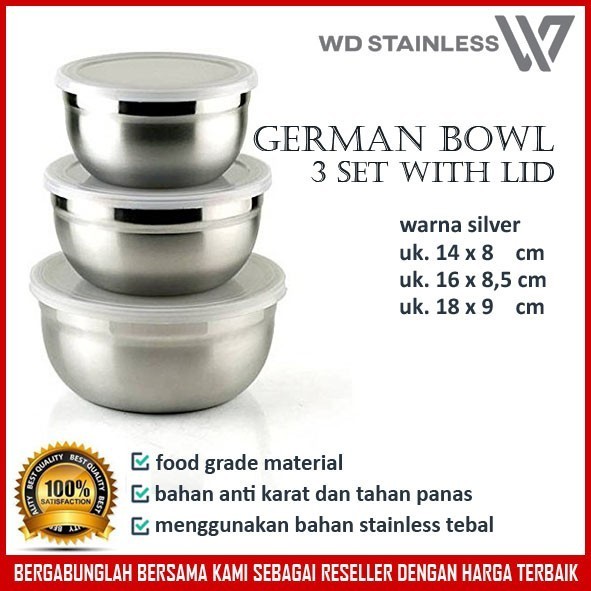 Mangkok Stainless German Bowl Silver 3 Set Dengan Tutup