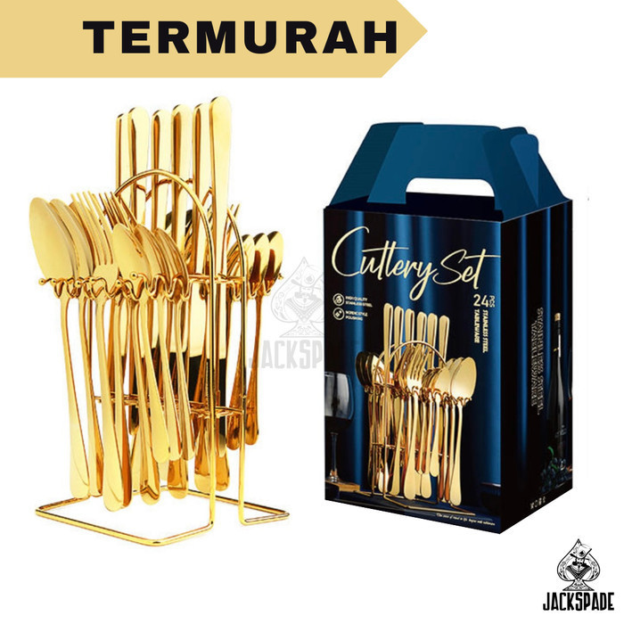 24 Cutlery Set Stainless Steel Mewah - Sendok Garpu Pisau Makan Gold