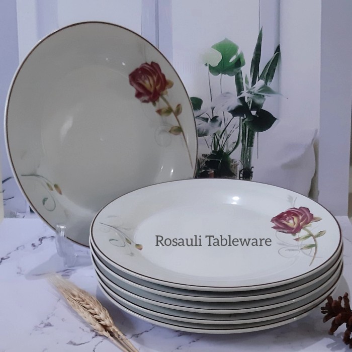 Piring Makan Ceper Keramik 10 Inch Tebal Motif Rosewood - (Isi: 6 Pcs)