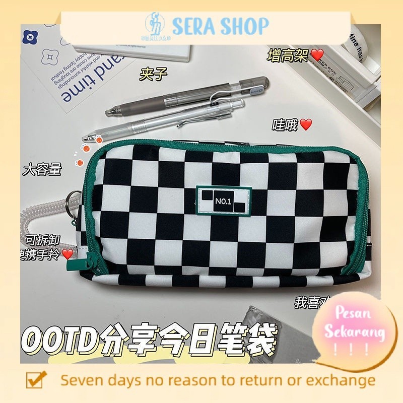 

✷✈✎*Guru* Korea kotak-kotak double-layer flip pensil case tas alat tulis multi-fungsi tas alat tulis siswa perempuan bernilai tinggi berkapasitas besar