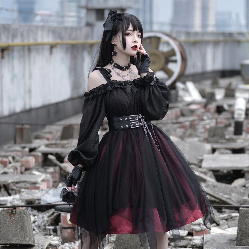 Irregular Dark Goth WindLolitaSkirt Lolita Dresses Long Sleeve
