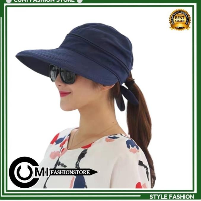 Topi Pantai Wanita Topi Lebar Lipat Praktis Zipper Pita Kupu Putih