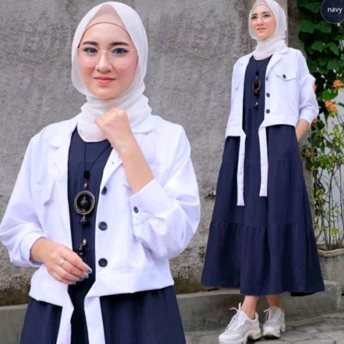 Baju Gamis Wanita Terbaru Baju Lebaran Dress Valen Set Dress + Outer 2In1 Set Crinkle Airflow Kekini