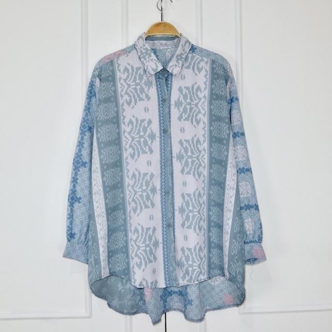 K49 Baju Kemeja Motif Batik Wanita Atasan Oversize Jumbo Ld 130 Elegan