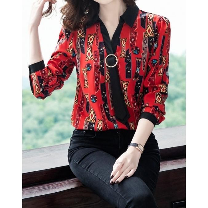 Blouse Wanita Merah Motif Gambar Rame Bahan Sifon Korea Lengan Panjang