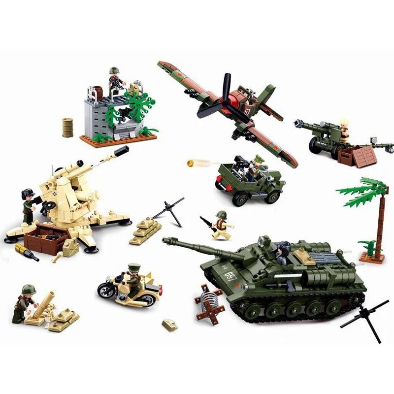 SLUBAN Set Blok Bangunan Moto Benteng Militer WW2 Set Balok Bangunan Tentara Soviet Geay Bricks Kit 