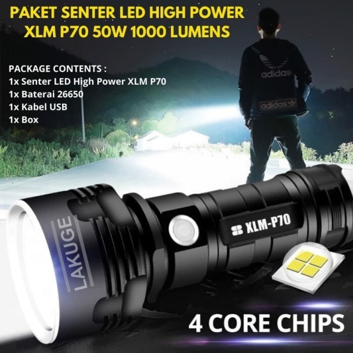 Senter Super terang Senter Led Rechargeable P70 50W 1000 Lumens + Bok