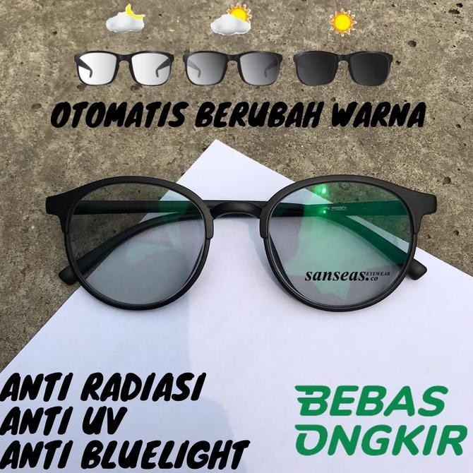 Kacamata Photocromic Pria Bulat Oval Lensa Anti Radiasi Hitam Doff
