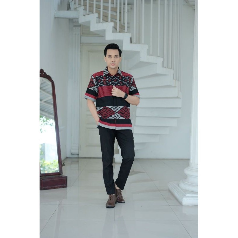 Kemeja tenun pria lengan pendek full furing asli tenun jepara