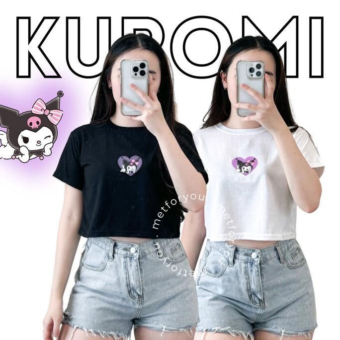 Metforyou Kaos Crop Top Wanita - Kuromi Love Crop Tee
