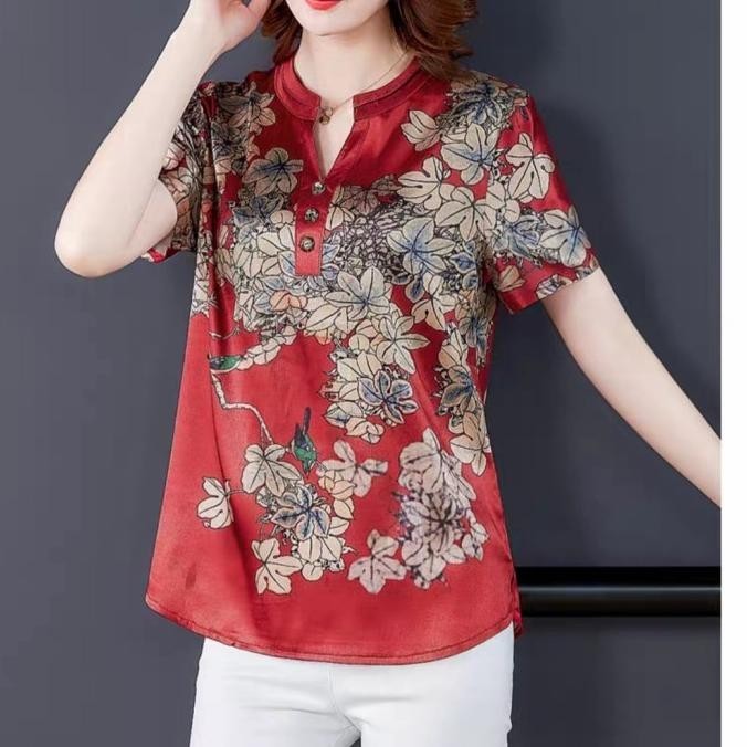 Blouse Cny Short Sleeve Import Prosperity Kembang Baju Wanita Korea