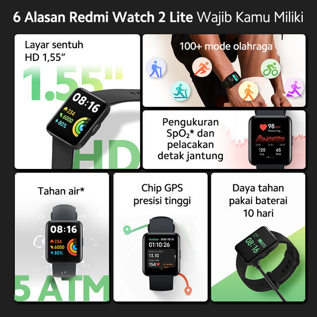 Official Xiaomi Redmi Watch 2 Lite Layar 1,55″ Tahan Air 5 ATM Baterai Hingga 10 Hari 100+ Mode Kebugaran Image 2
