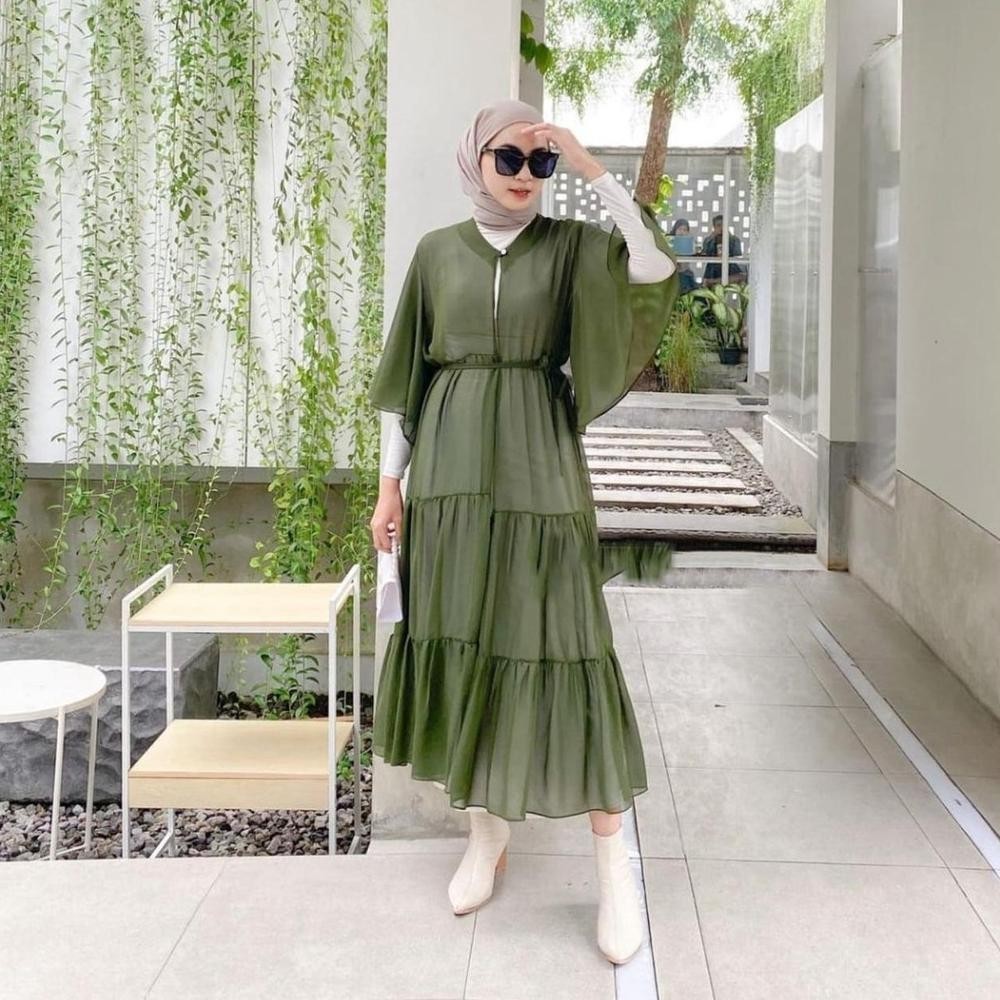 Terlaris Kristin Outer Dress Remaja Korean Style Polos Rempel Susun Kombinasi Tali Pinggang Terbaru 