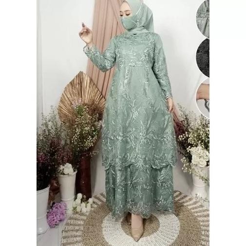 Dress Yolanda Brukat 2 Tingkat Pesta Baby Blue M L Xl Xxl Jumbo So