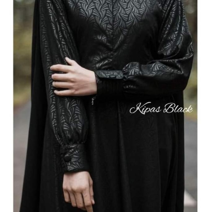 Gamis Embos Motif Kipas Hitam-Gamis Syari Hitam Premium-Gamis Hitam