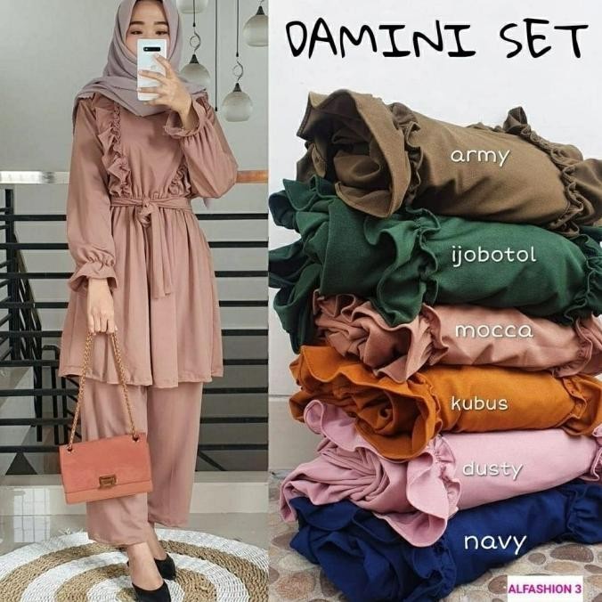 Setelan Baju Tunik Celana Wanita Muslim Damini Bahan Moscrepe Size Xl
