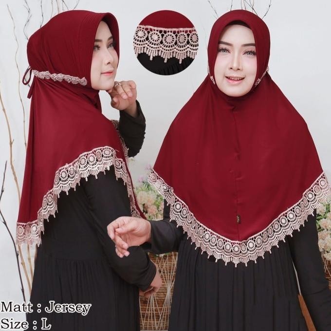 Jilbab / Bergo Jersey Serut Rempel Renda / Hijab Jersey Renda