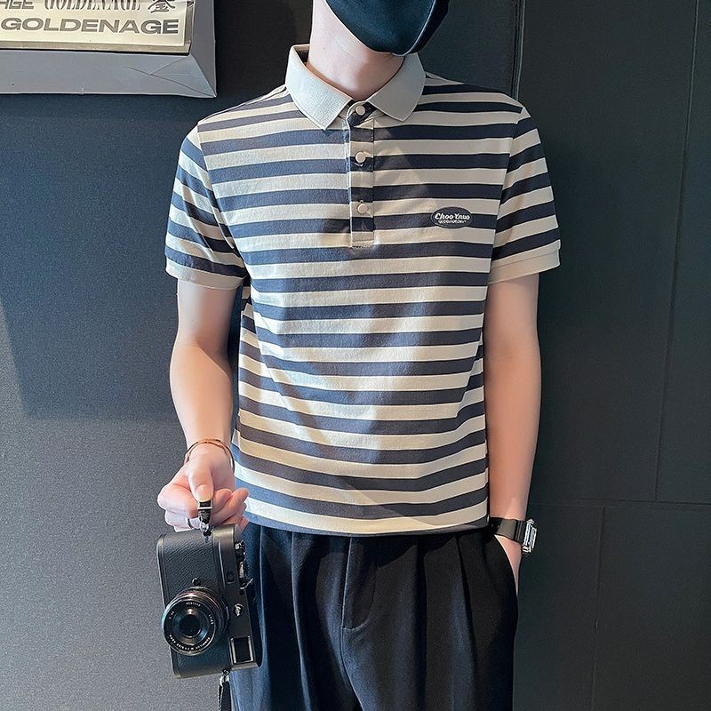 Kaus Polo Kasual Pria, T-shirt Kerah Ramping Bergaris Baru