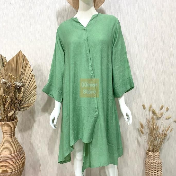 Blouse Dress Tunik Clarin Qqinian Silk Viscose Hijau Emerald Grosir