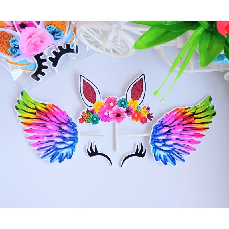 hiasan kue ultah/topper karakter/dekorasi cake/happy birthday/topper unicorn/tanduk sayap unicorn