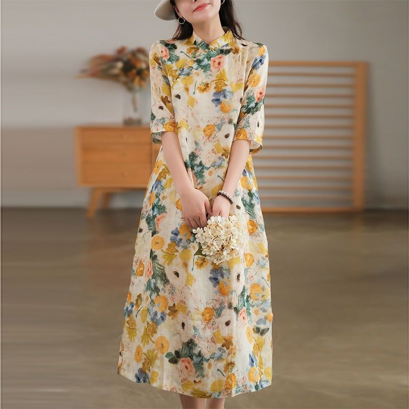 Retro Art Improvement Cheongsam Dress Women's Loose Slimming Temperament Printed Midi Dress