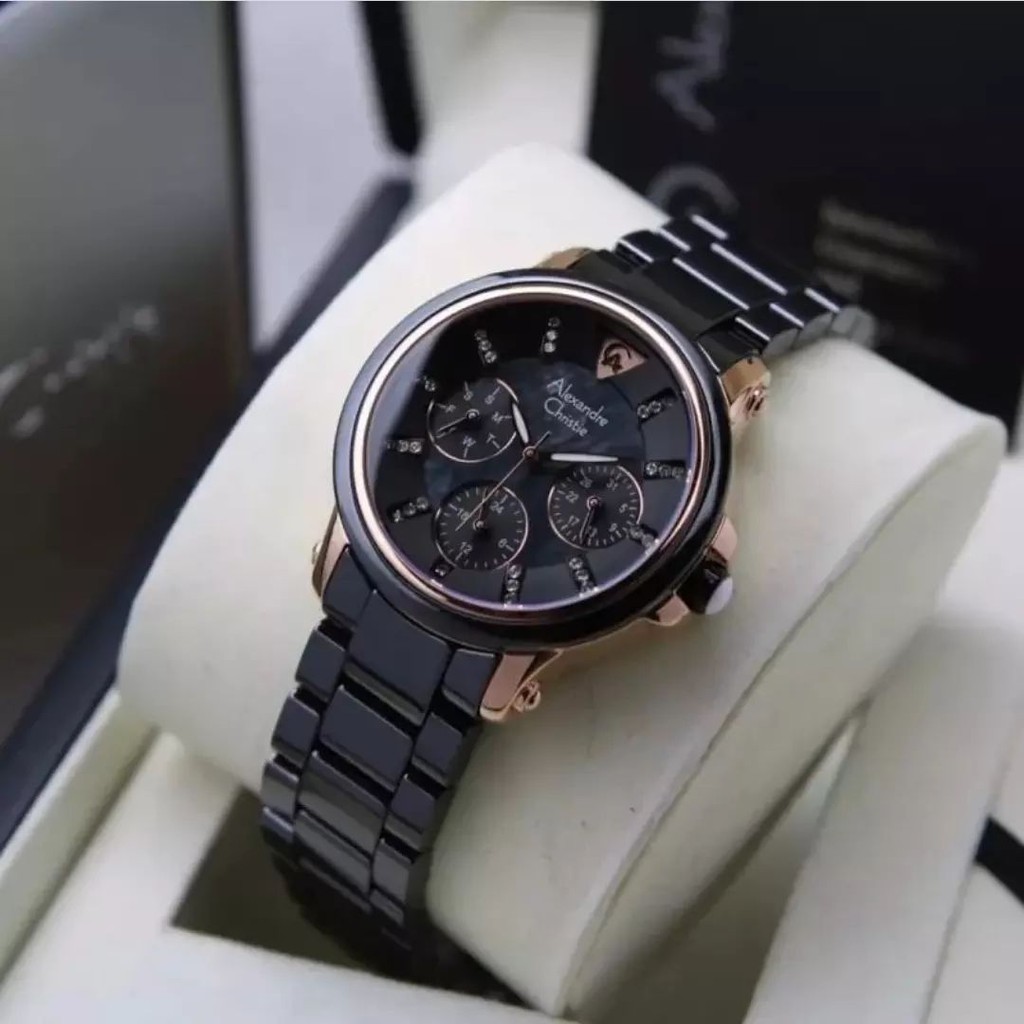 Jam Tangan Wanita Alexandre Christie AC 2375 Black Rosegold 100% Original terbaru Jam Keramik