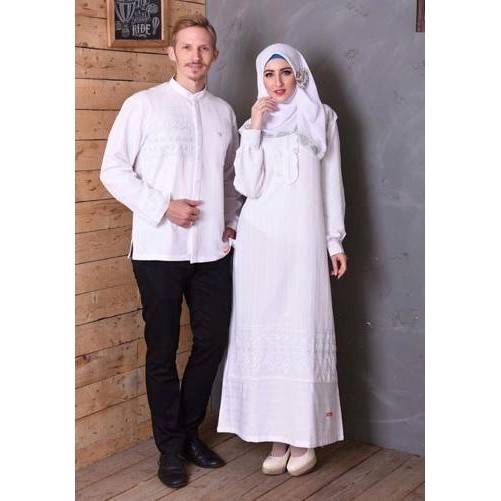 Baju Couple Muslim Sarimbit Nibras 37 Bahan Polysonic Putih Berkualitas