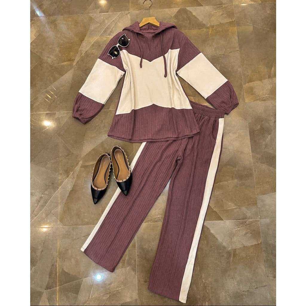 One Set Setelan Kerja Kuliah Wanita Hijab Friendly Kemeja Ruffle  Cod - Hanika Set 2In1 Hoodie Setel