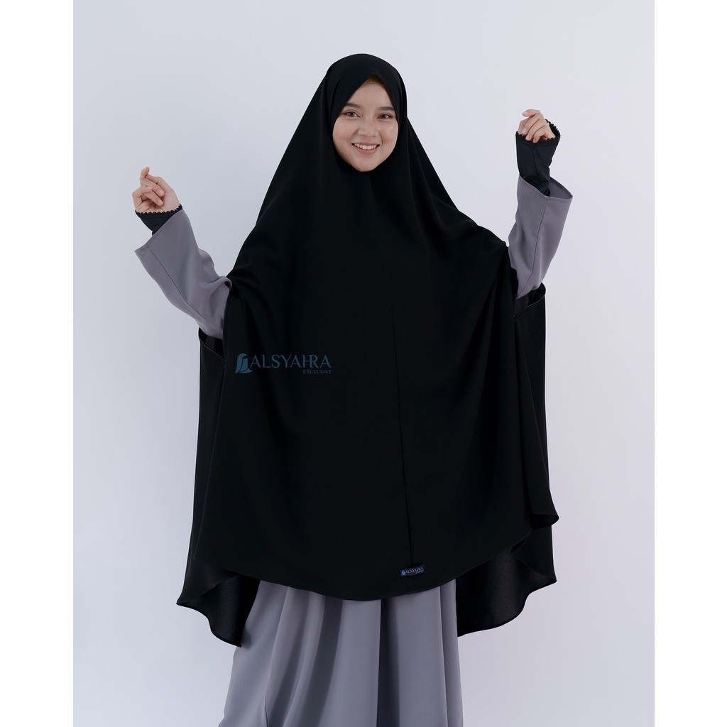 NEW PREMIUM DAILY HIJAB Khimar Syari Handzipper Jetblack Size XXL Free Cadar Tali Alsyahra Exclusive