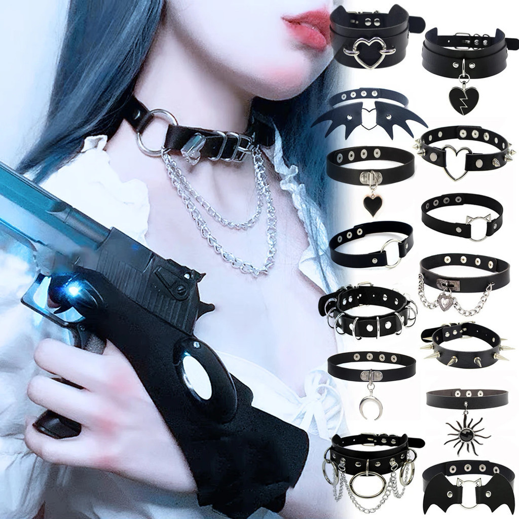 Kalung Liontin Hati Rantai Kulit PU Harajuku Seksi Baru Leher Punk Wanita Pria Kalung Choker Hitam P