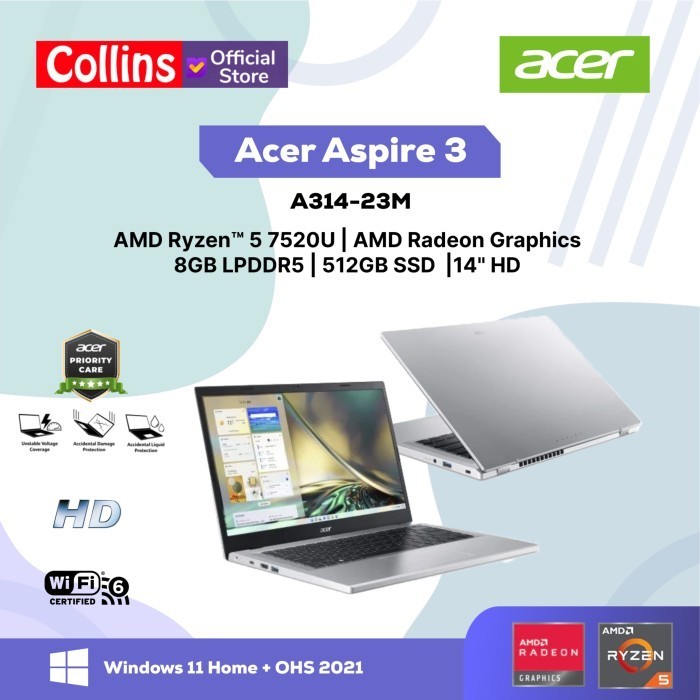 Acer Aspire 3 A314-23M Ryzen 5-7520U 8Gb 512Gb 14" Radeon 610M W11 Ohs