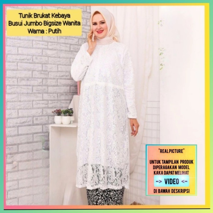 Maxi Dress Brukat Kebaya Wanita Tunik Panjang Jumbo Bigsize Putih