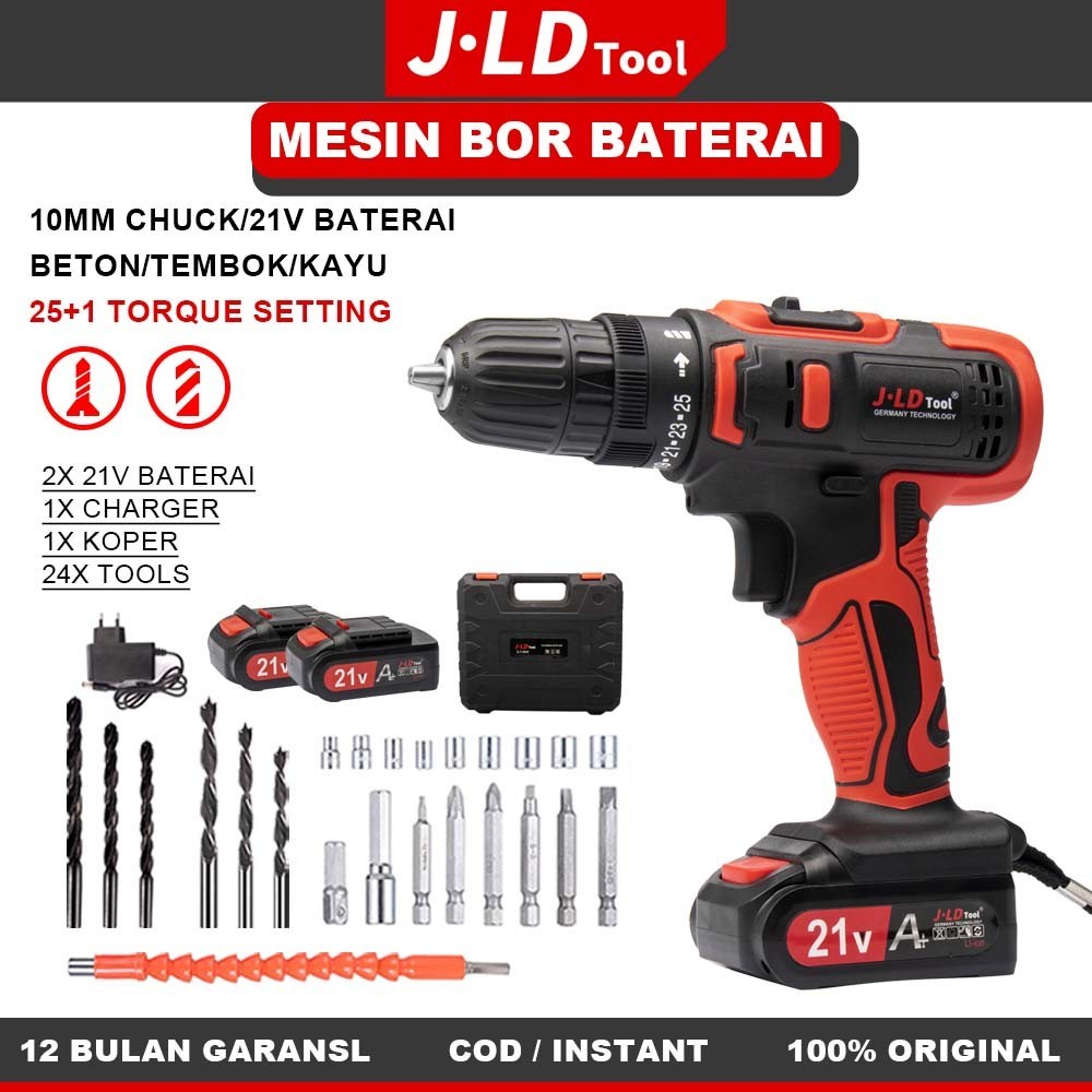 JLD 10mm Cordless mesin bor  21V baterai set bor cas mesin bor tangan listrik bor kayu bor tembok bo