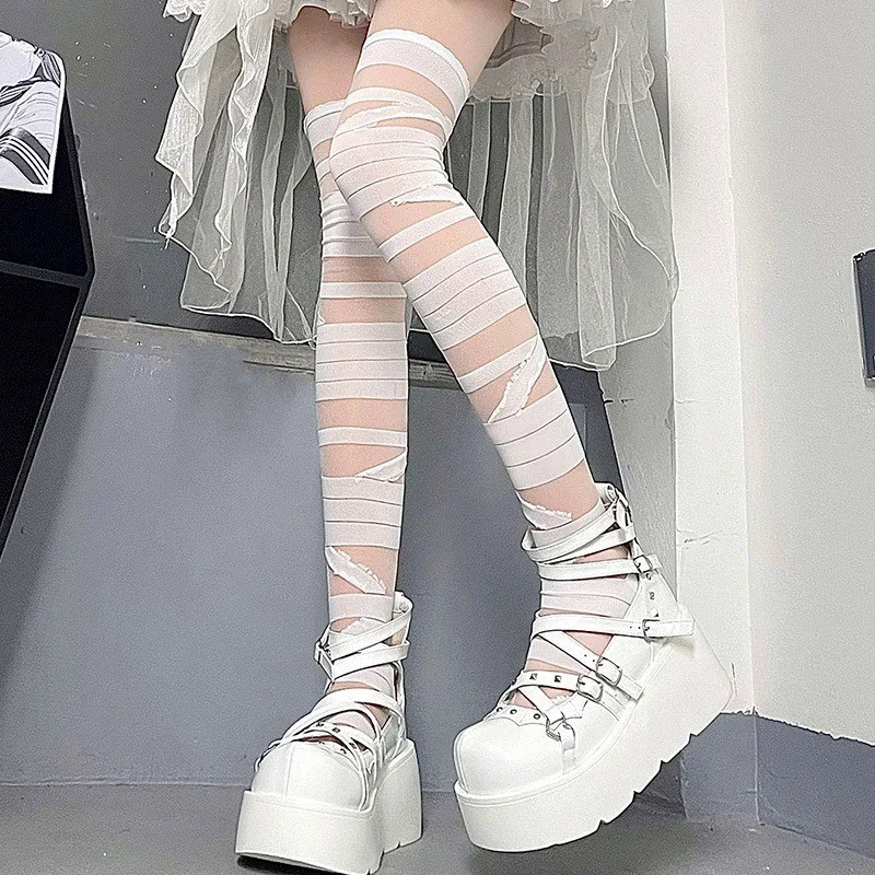 Stoking Wanita Perban Sutra Kaus Kaki Lutut Tali Silang Transparan Stok Hitam Putih Gotik Punk Kaus 