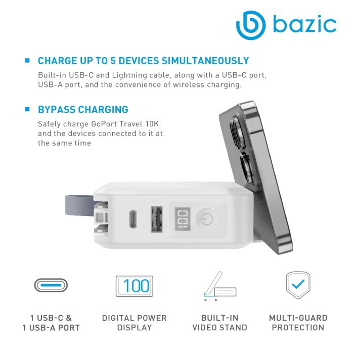 Wall Charger With Powerbank + Built-In Cable Bazic Goport Travel 10K