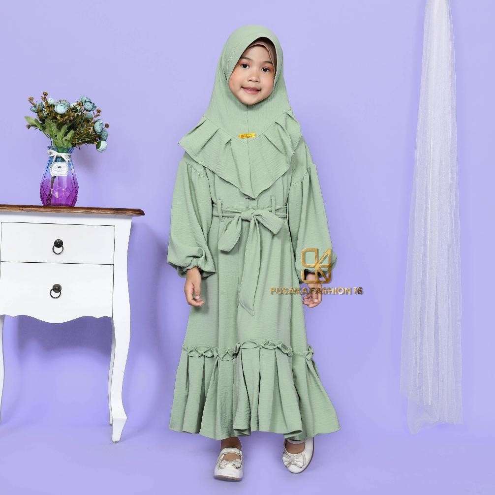 (Cod) Alsava Kids Gamis Syari Anak Perempuan Cringkle Airflow Polos Lebaran Terbaru 2023 Set Khimar 