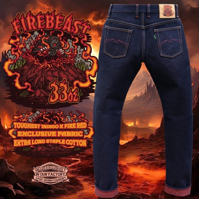 {DimasShop} Sage Denim The Firebeast 33oz Unsanforized Deep Indigo x Fire Red - 38 Slim Cut Diskon