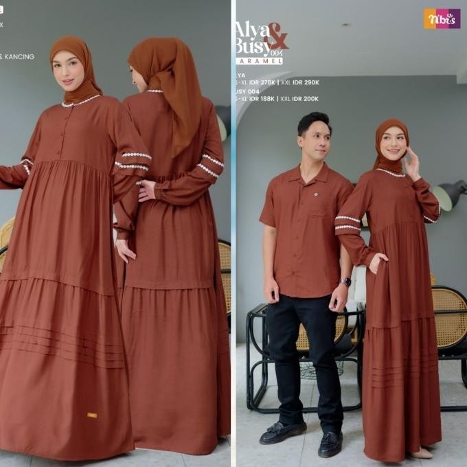 Gamis Nibras Alya Warna Coklat Caramel Couple Branded Bahan Rayon Lux Original