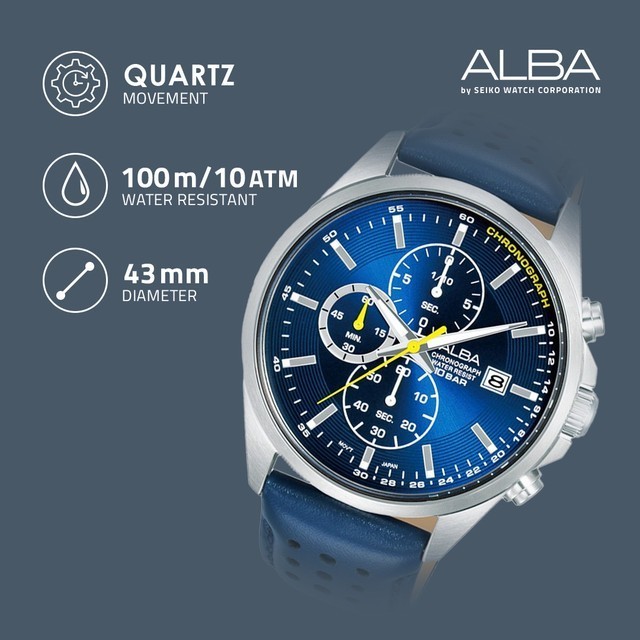 Jam Tangan Pria Alba Am3951 Kulit Asli Biru Chronograph Original