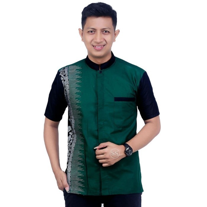 Baju Batik Pria Muslim Baju Koko Pria Lengan Pendek Modern Warna Hijau