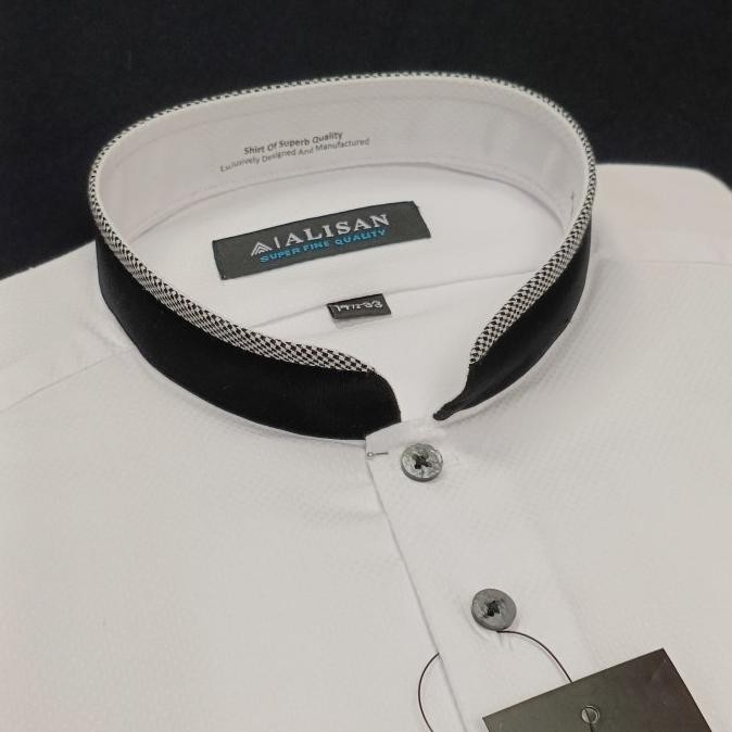 Kemeja Koko Alisan Kerah Shanghai Putih  Kombinasi Hitam